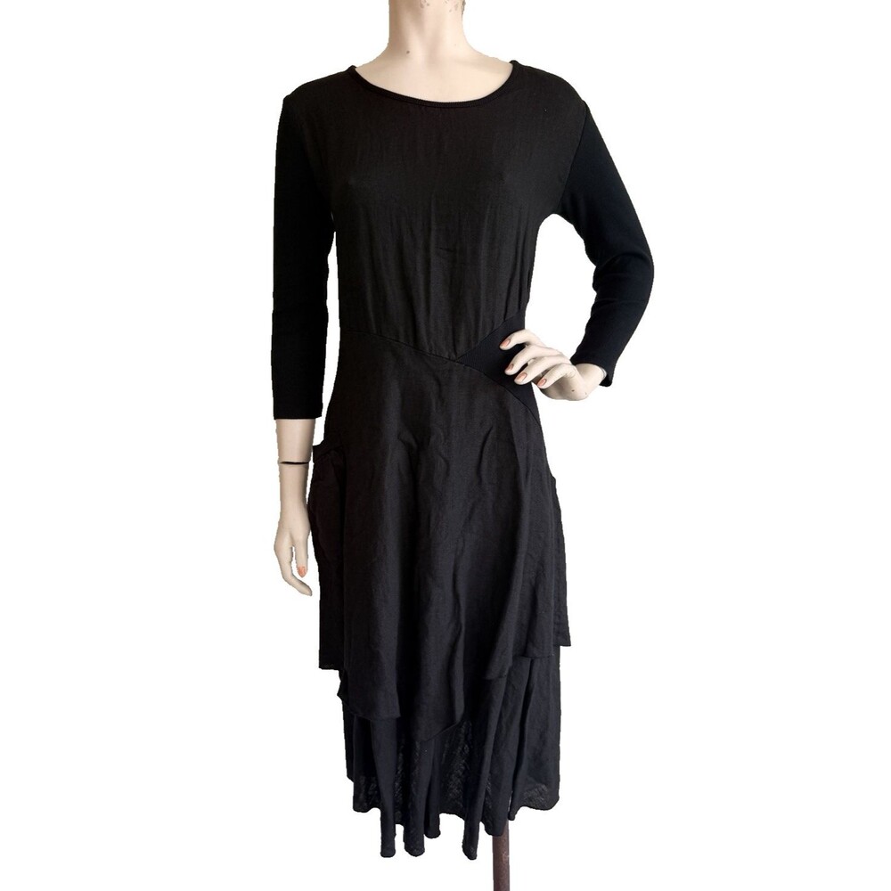 OIZINI Italy Black Linen Midi Dress Art to Wear Lagenlook Layered Size M